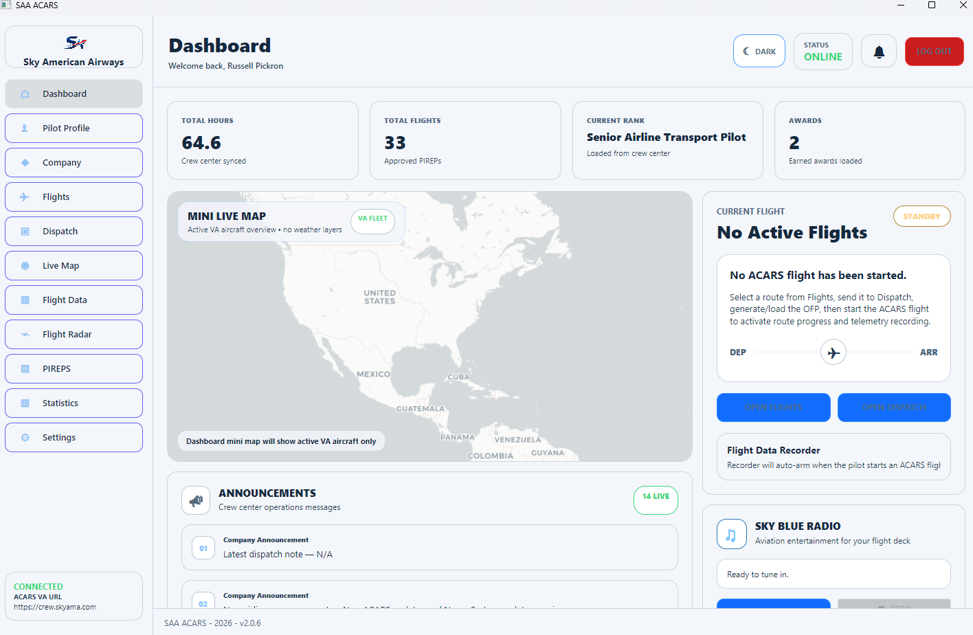 VA Nexus virtual airline platform dashboard
