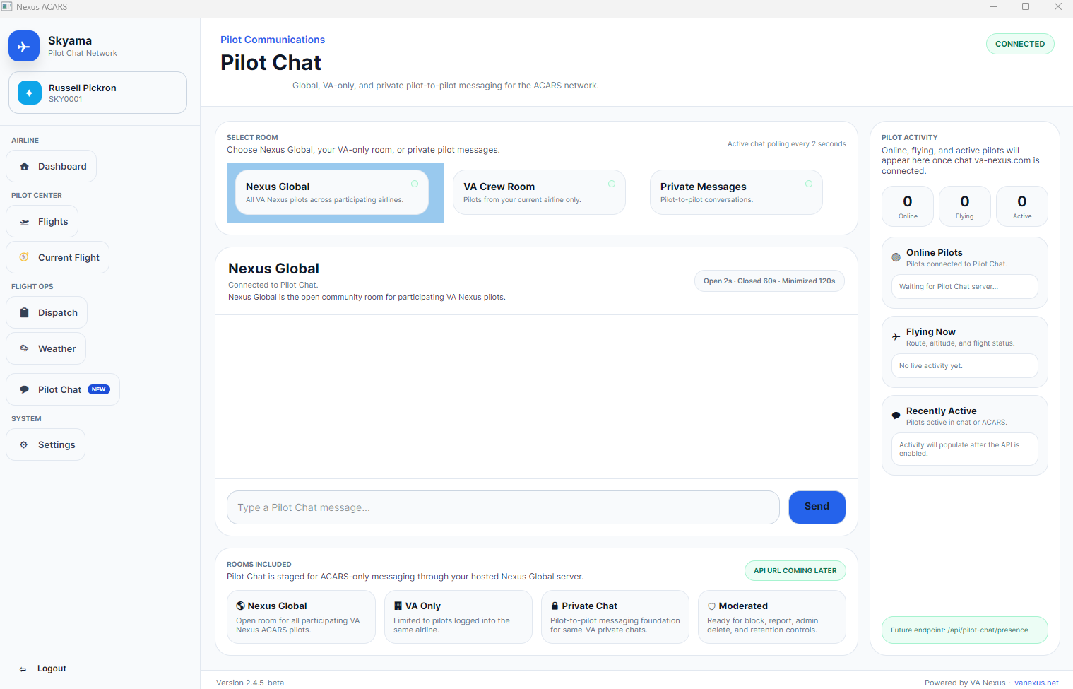 VA Nexus ACARS pilot chat preview